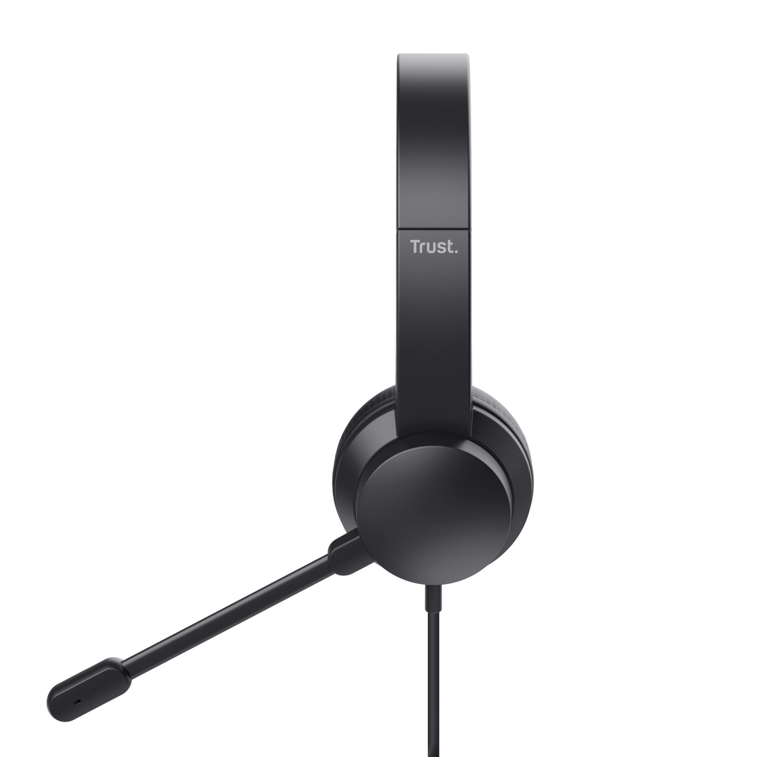 Black headset with a microphone and the 'Trust' logo on the headband, on a white background.