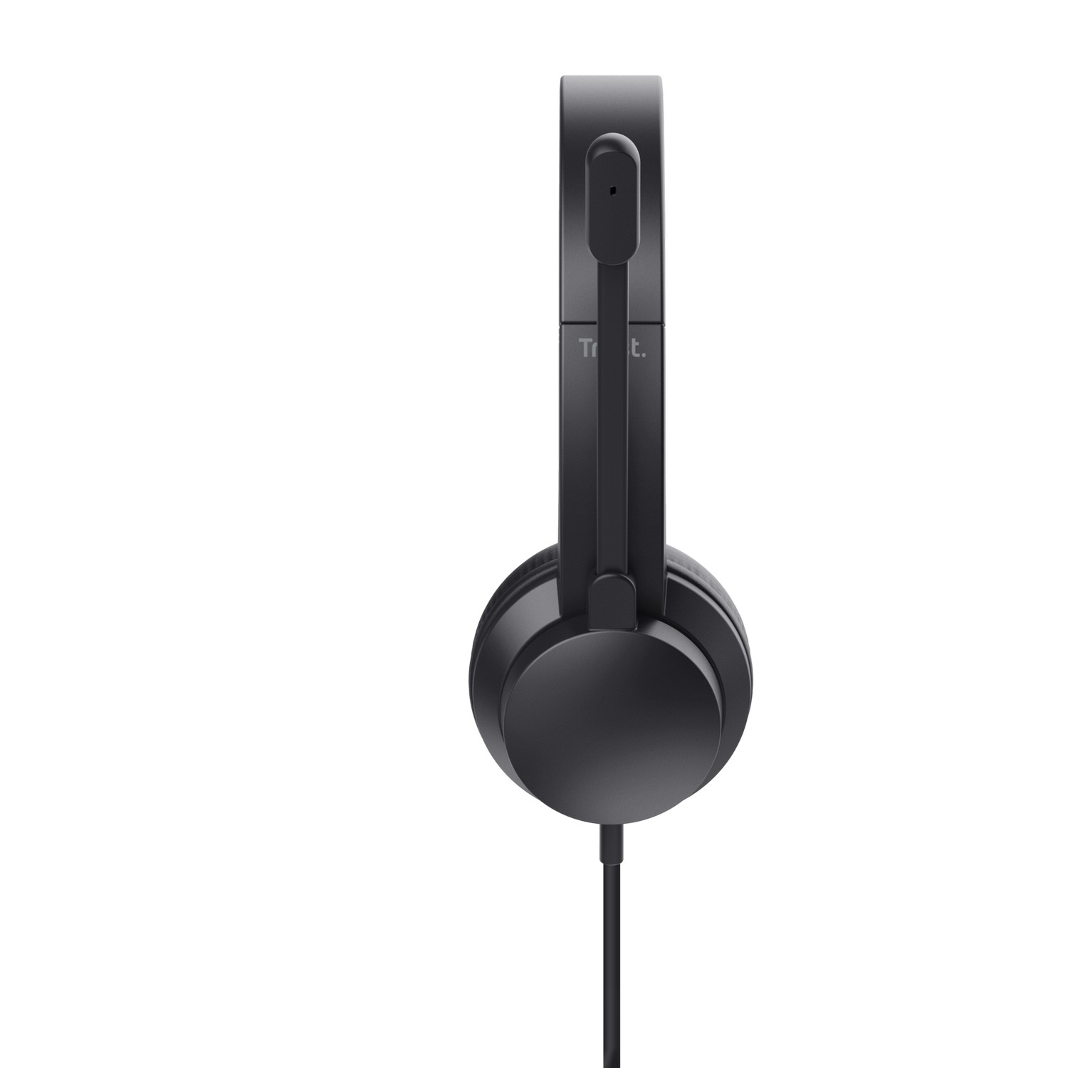Black headphones with a microphone, hanging on a white background.