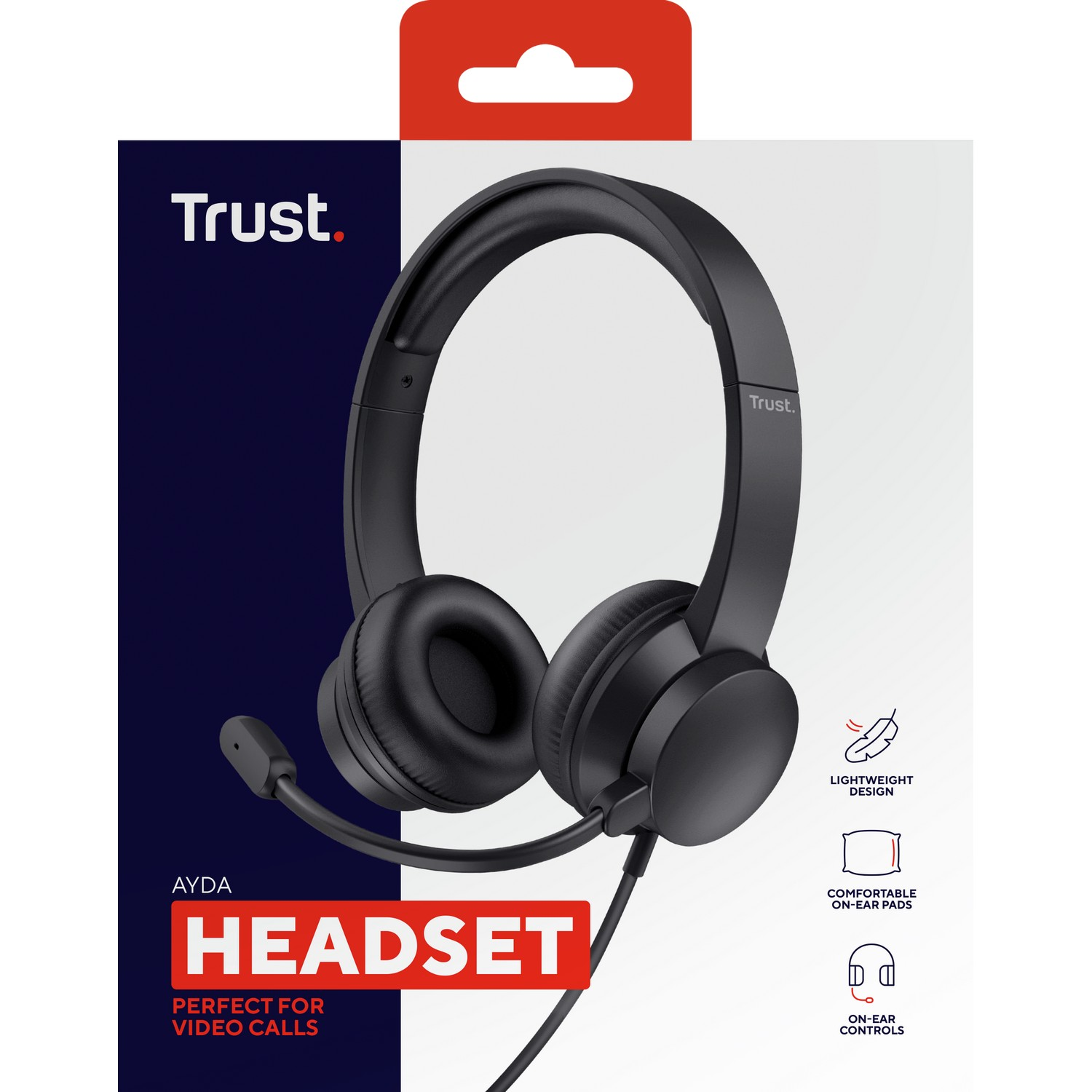 Black headset in a box with text, perfect for video calls, and graphics.