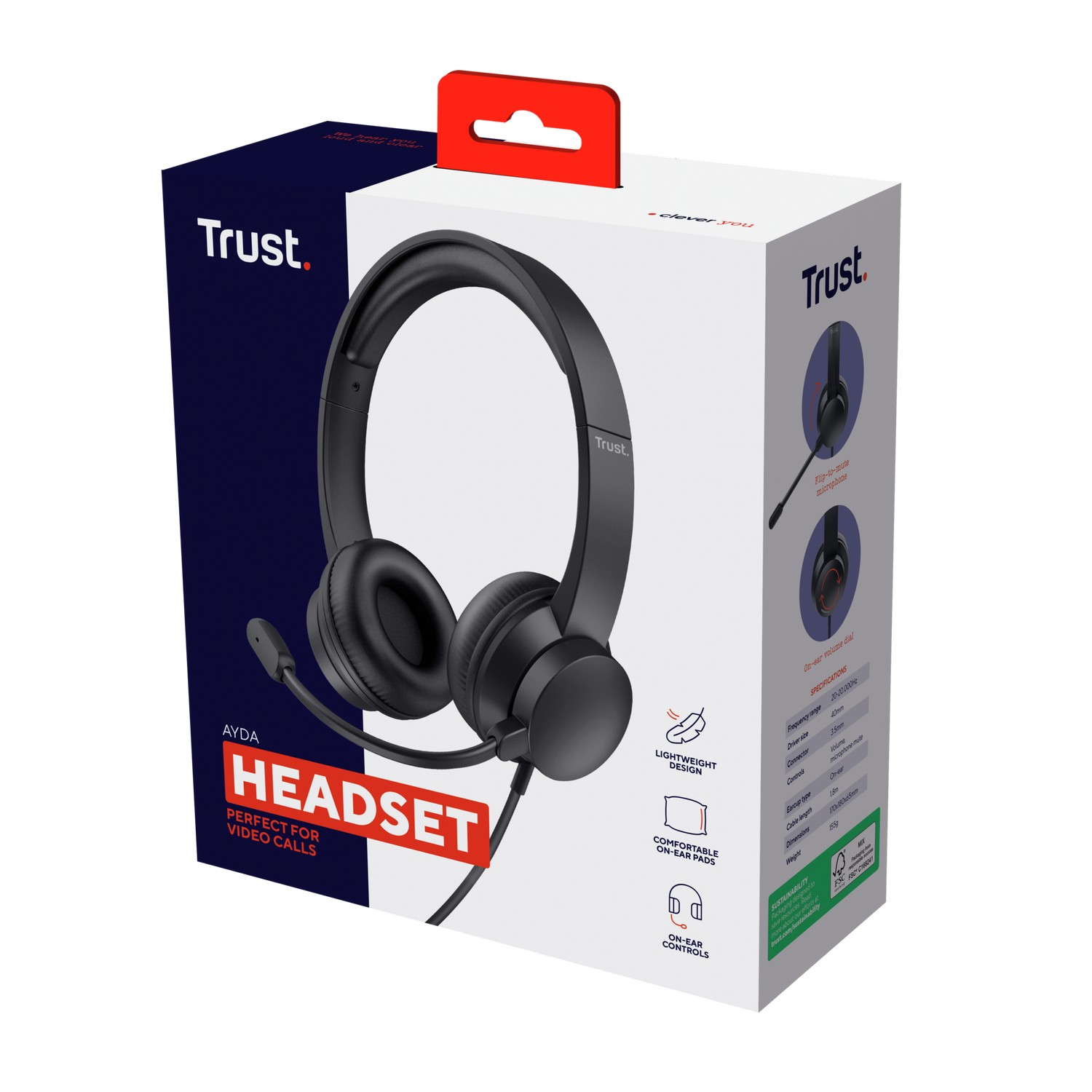 A black headset in a white and blue box. The box has text and images about the headset.