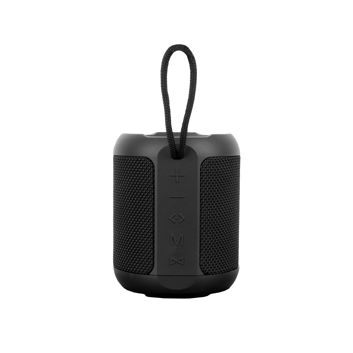 Un altavoz portátil negro con asa y botones de control.