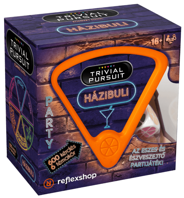 Trivial Pursuit társasjáték doboza. Narancssárga műanyag darab elöl. Lila téglafal háttér.