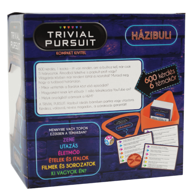 Trivial Pursuit társasjáték doboz, szöveggel és kártya képekkel.