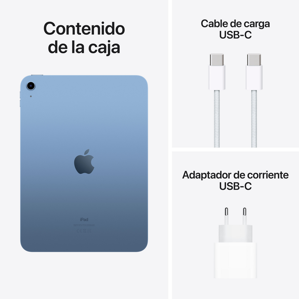 Se muestra el iPad, un cable de carga USB-C y un adaptador de corriente USB-C.