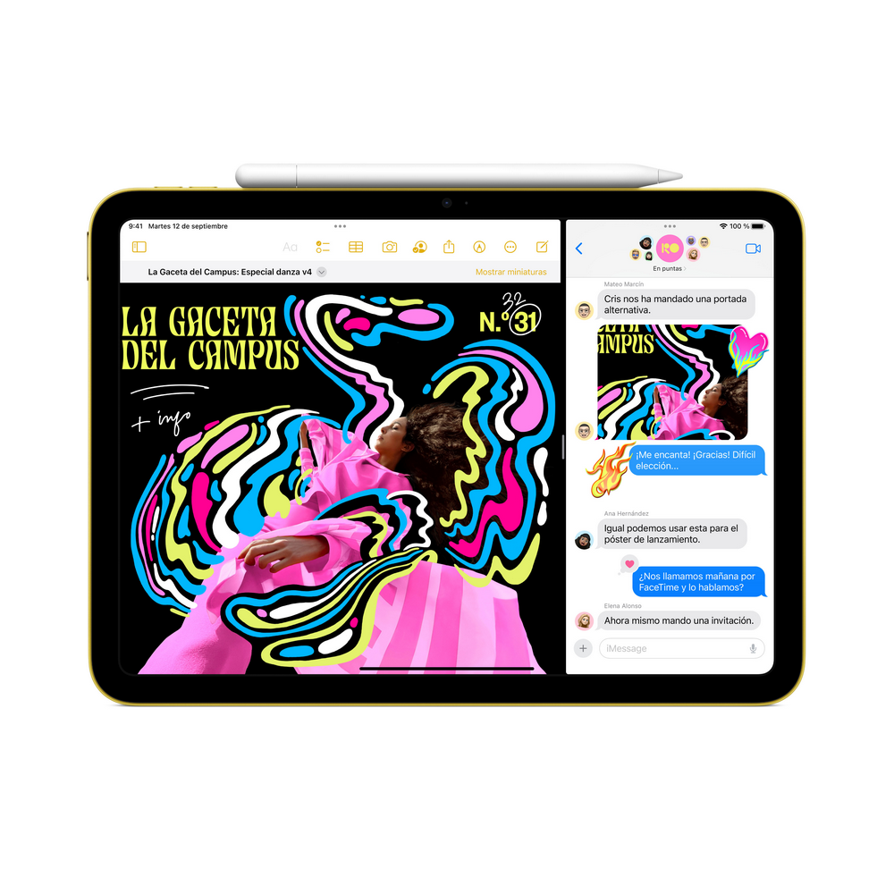 Tableta amarilla con lápiz, pantalla dividida muestra noticias y mensajes.