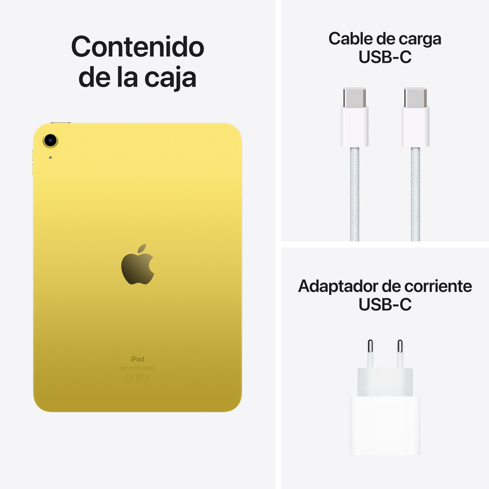 iPad amarillo, cable USB-C y adaptador de corriente USB-C, etiquetados en español.