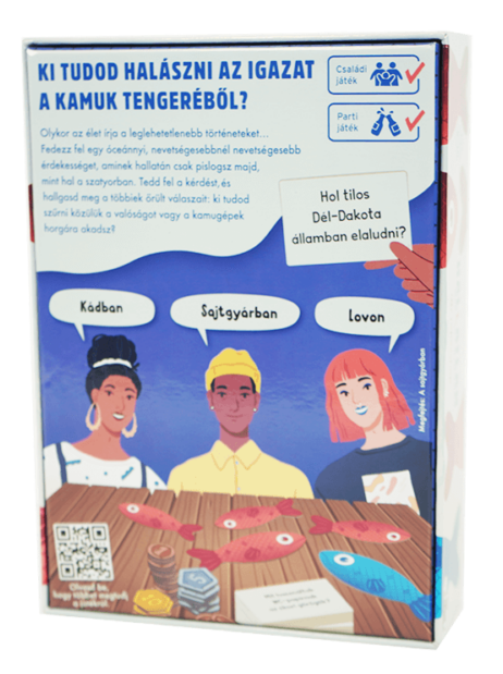 A játékdoboz hátulja, illusztrált emberekkel és játékalkatrészekkel, szöveggel.