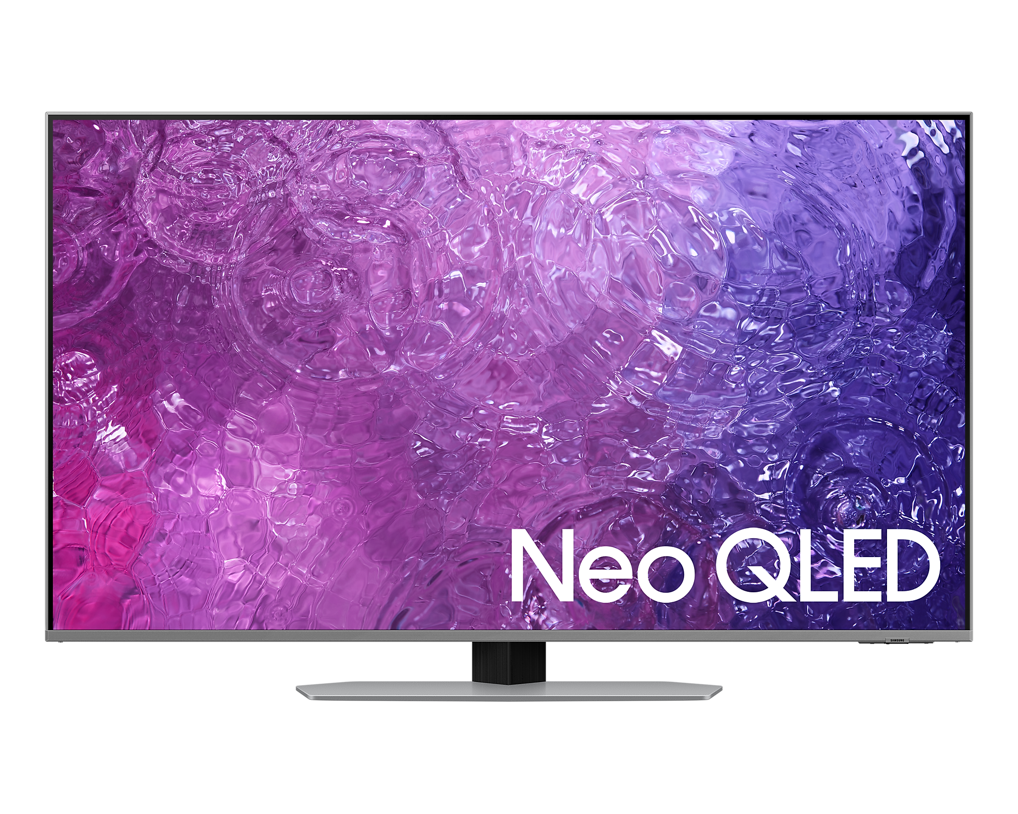 Samsung Neo QLED TV, zeigt ein lila und blaues abstraktes Muster auf schwarzem Bildschirm.