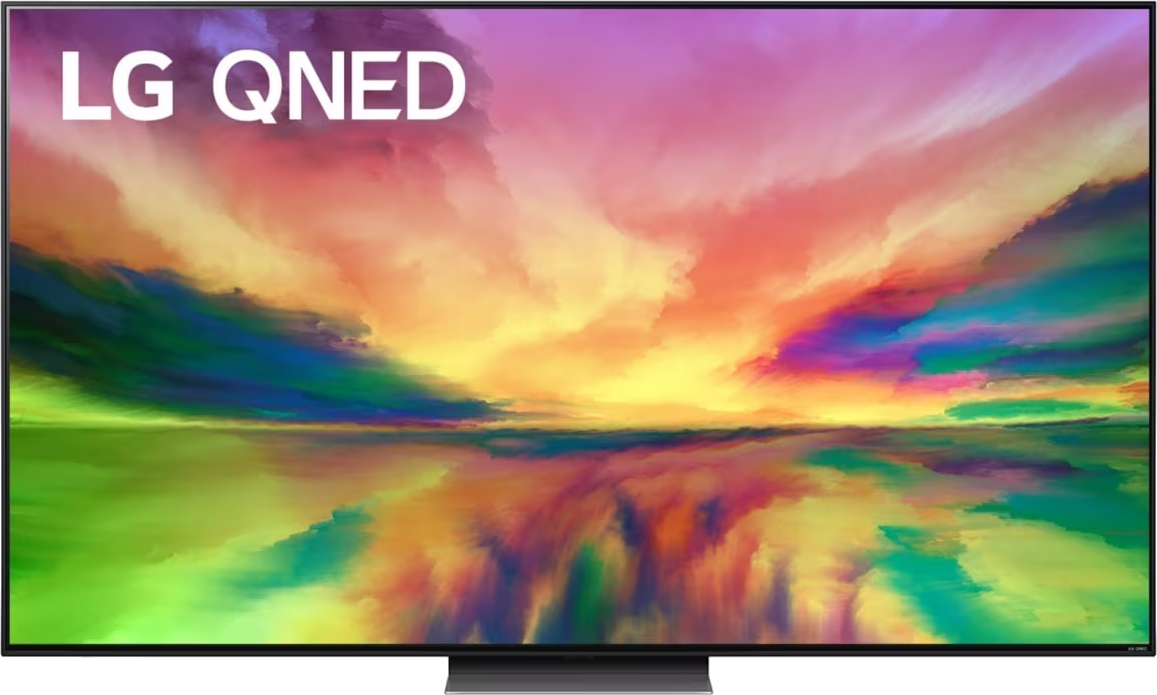 LG QNED Fernseher, bunter Himmel-Hintergrund. Der Bildschirm zeigt Farbverlauf.