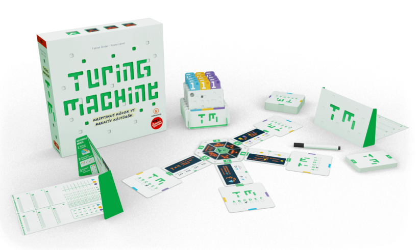 Turing Machine társasjáték kártyákkal és alkatrészekkel.