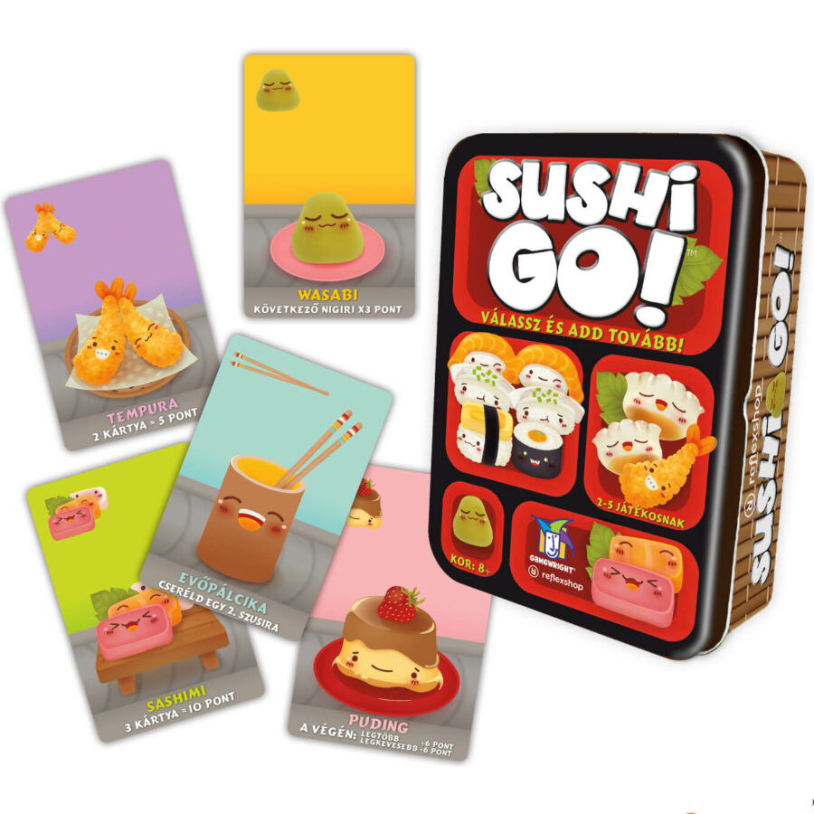 Sushi Go! kártyajáték doboz és kártyák. Ételillusztrációk és sushi elemek láthatók.