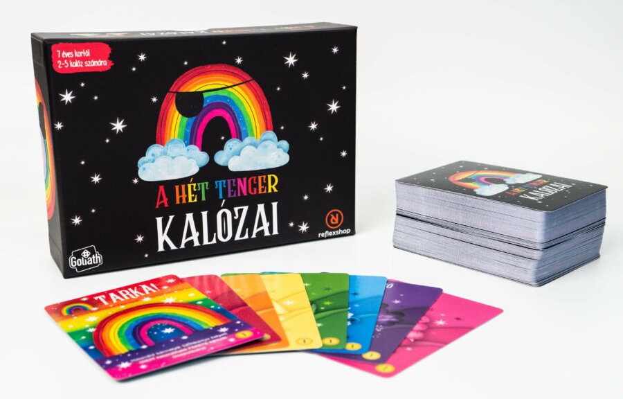 Társasjáték doboz szivárvánnyal és kártyákkal.