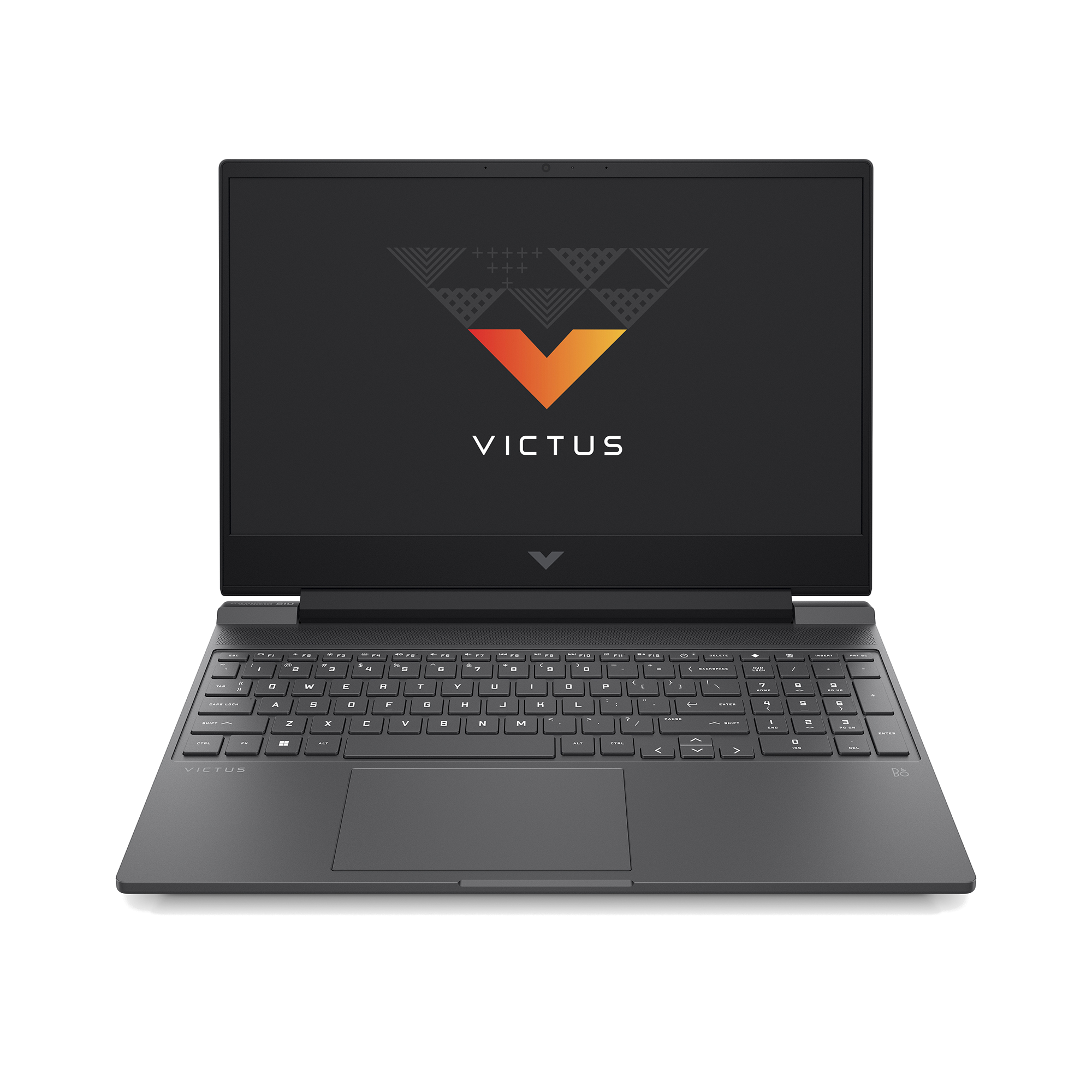 Ekranında V şeklinde logo bulunan laptop, siyah gövde, siyah yüzey üzerinde.