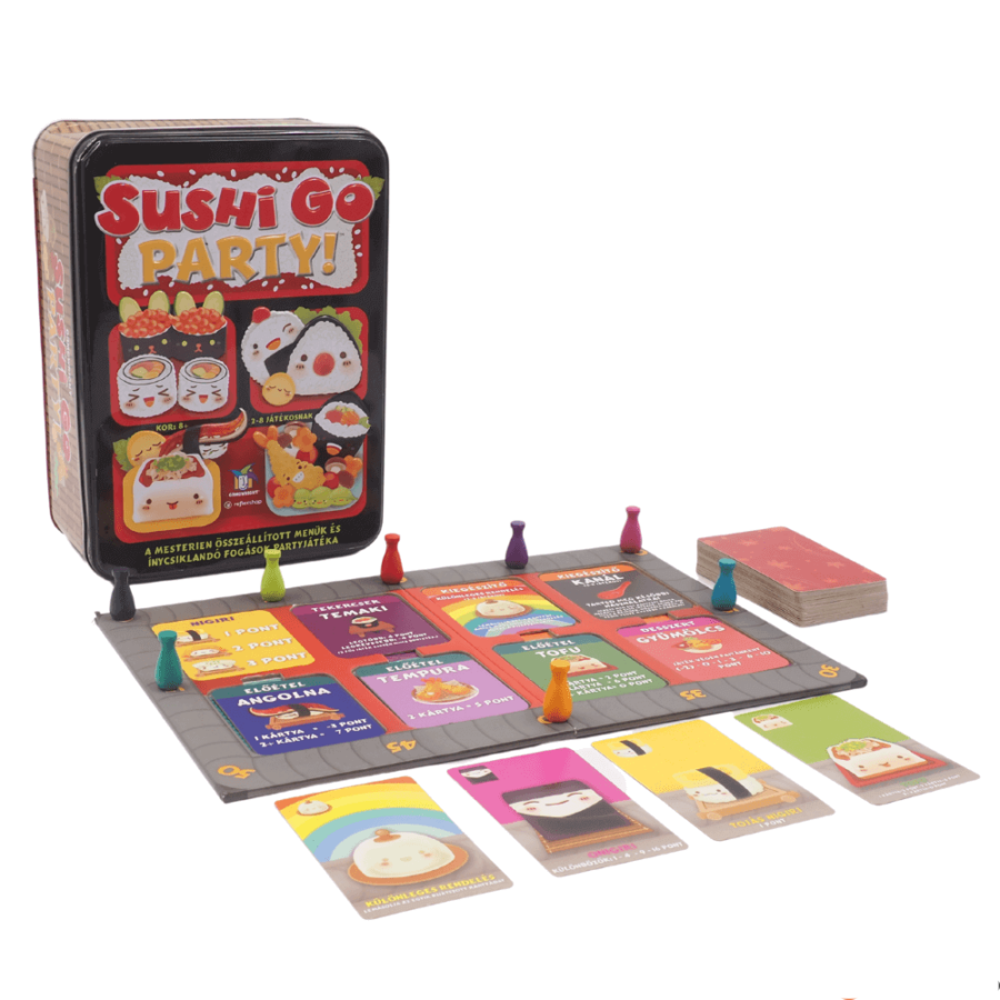 Sushi Go Party! játékdoboz játékelemekkel.