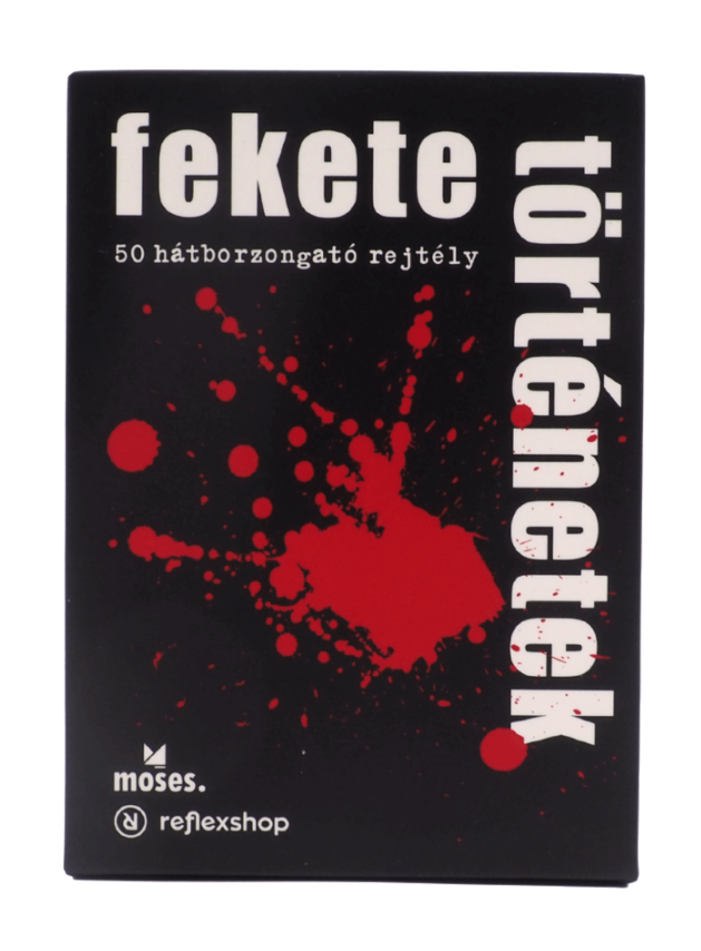 Egy fekete doboz piros fröccsenésekkel és a 'Fekete történetek' szöveggel.