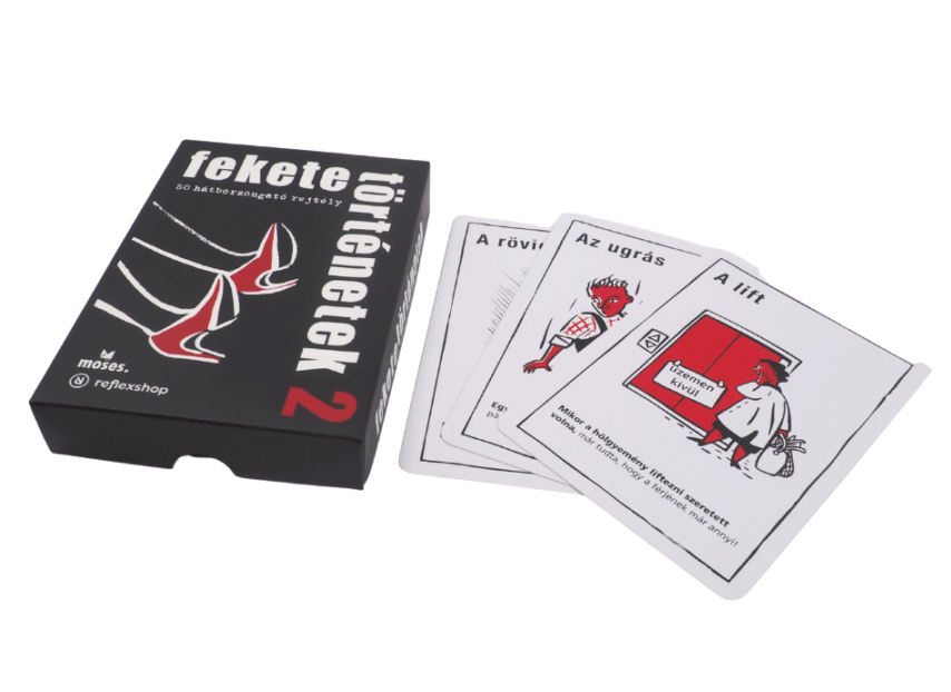 Fekete doboz játék címmel és kártyákkal, illusztrációkkal és szöveggel.