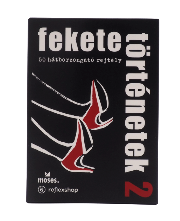 Fekete doboz 'fekete történetek 2' szöveggel és piros cipők illusztrációjával.