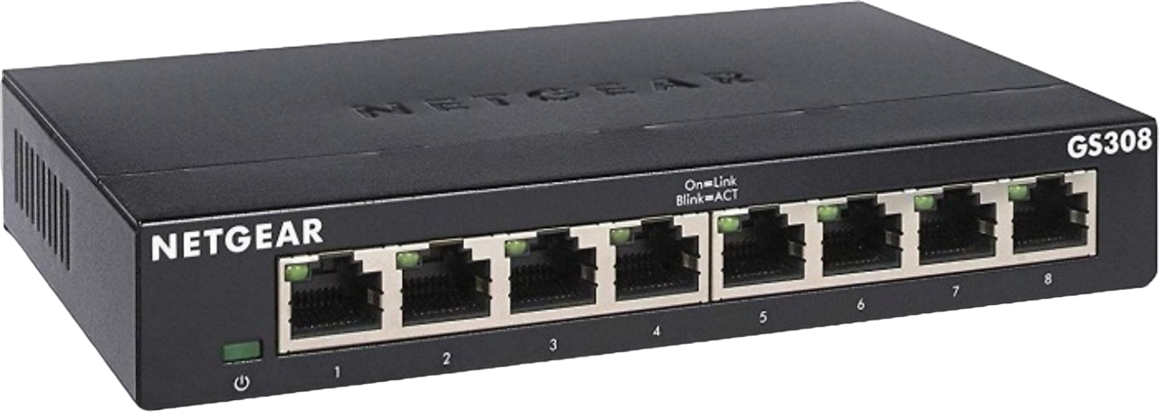 Schwarzer Netgear GS308 Netzwerk-Switch mit 8 Ports. Das Wort NETGEAR ist auf dem Switch aufgedruckt.