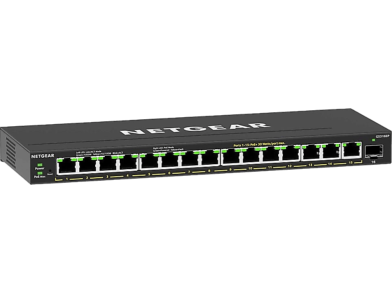 NETGEAR Switch GS316EP, 15x PoE+ mit 180W, 1x SFP, Managed, Schwarz