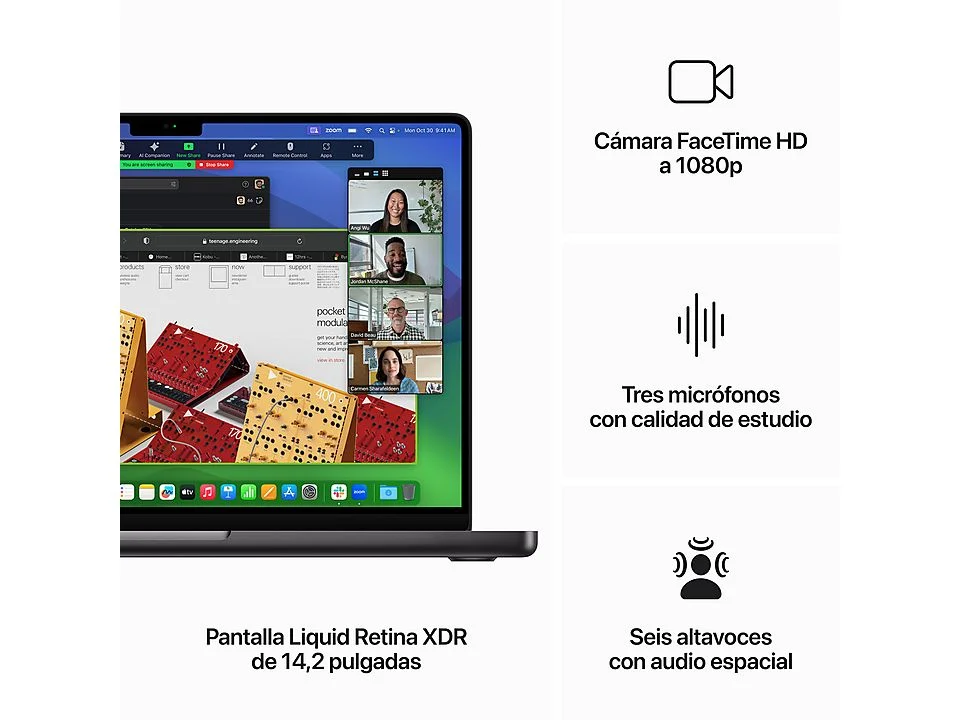 Pantalla de portátil con videollamada, texto e iconos. Descripción de cámara, micrófonos y altavoces.