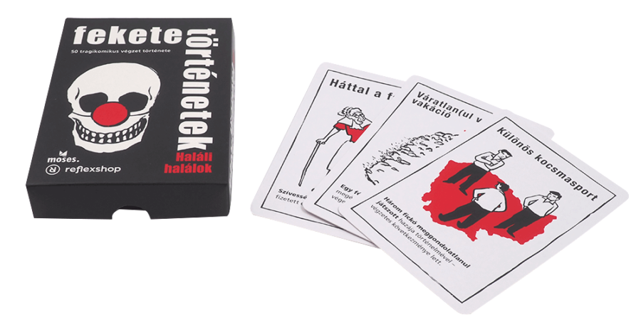 Magyar kártyajáték doboza és kártyái. A dobozon koponya minta látható. A kártyák humoros illusztrációkat mutatnak.