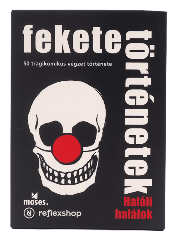 Fekete könyvborító koponyával, piros orral. Magyar nyelvű szöveg.