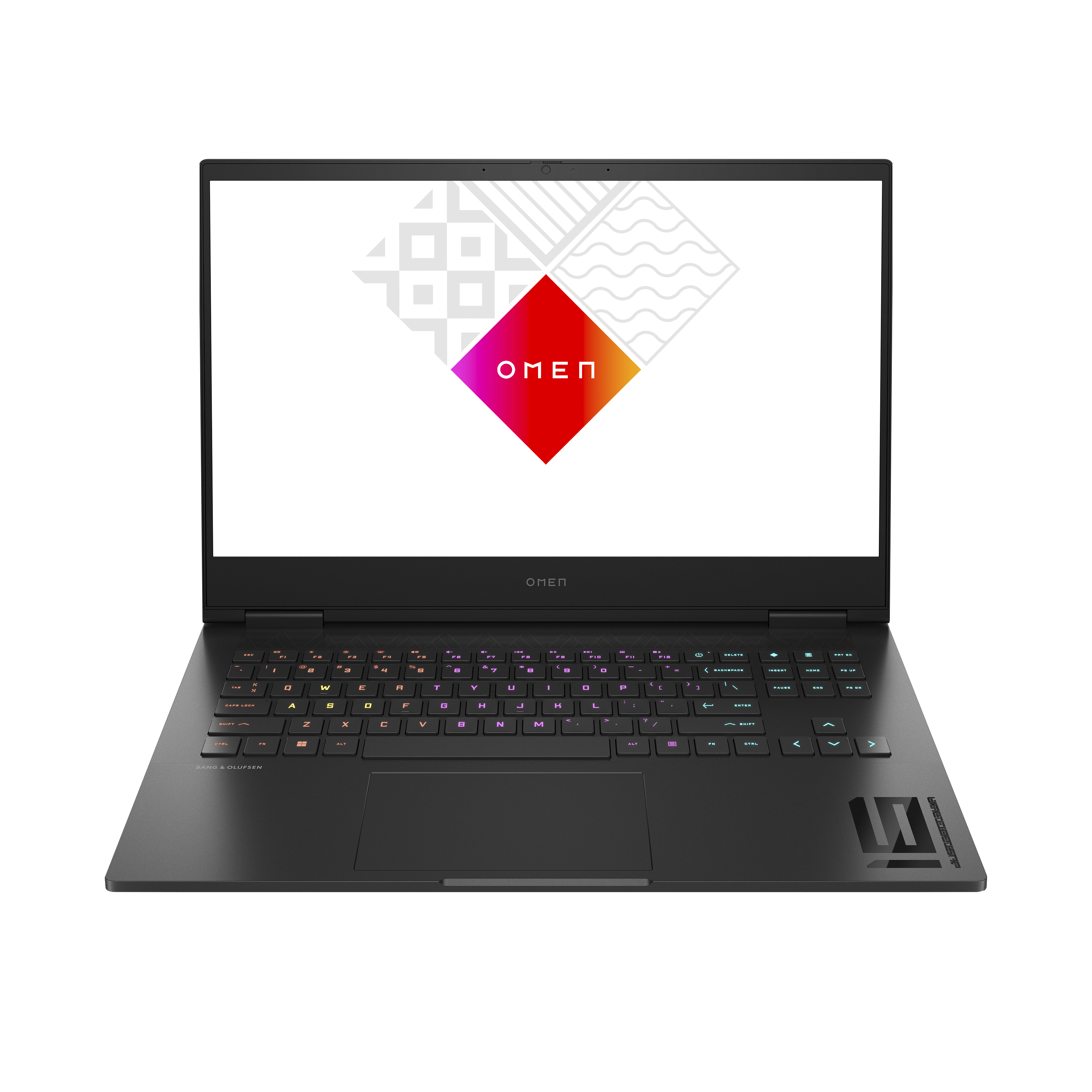 Portátil negro con el logo OMEN en la pantalla. Teclado con teclas de colores y pantalla encendida.
