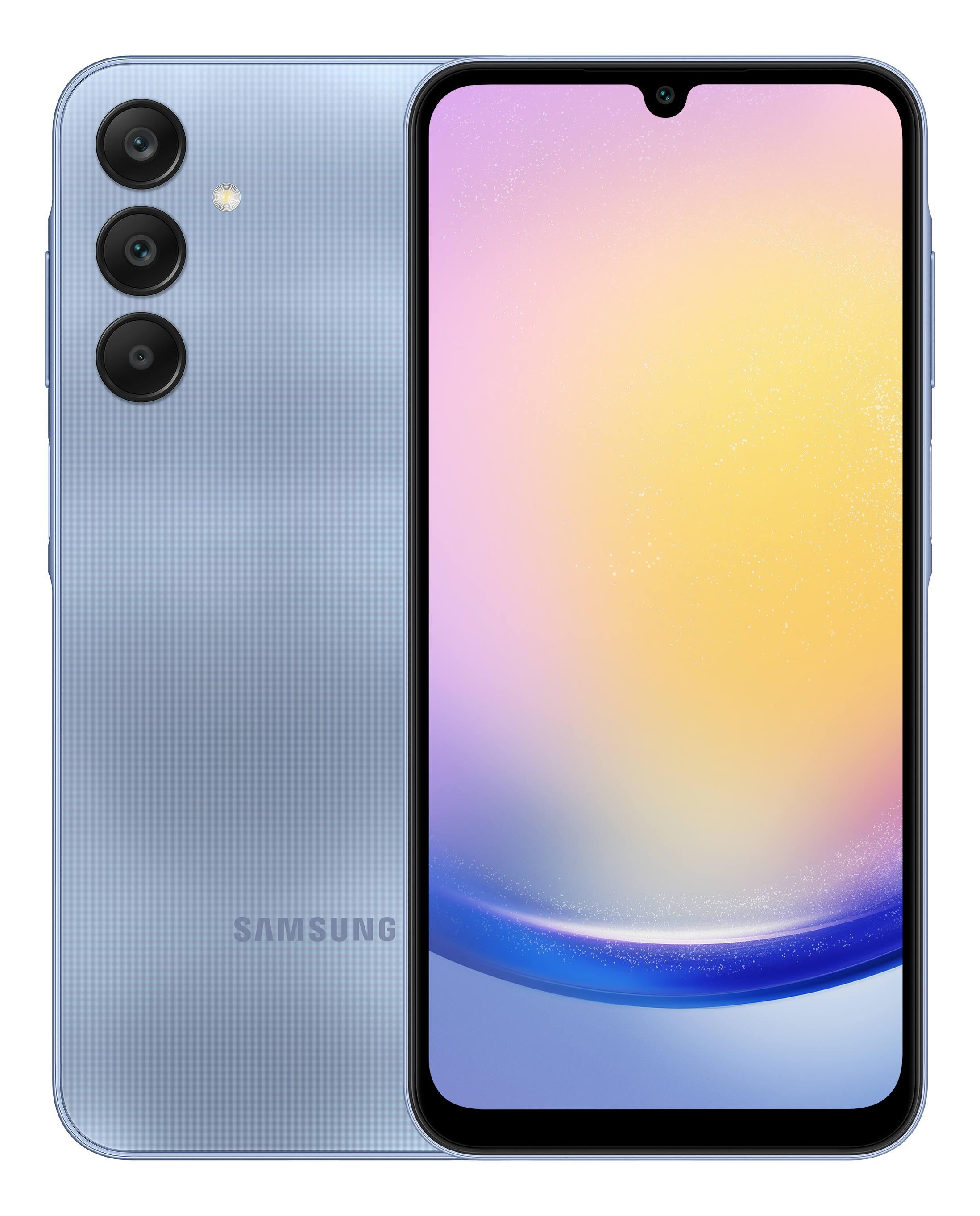 Blaues Samsung-Telefon mit Kameralinsen auf der Rückseite. Der Bildschirm zeigt einen farbenfrohen Farbverlauf.