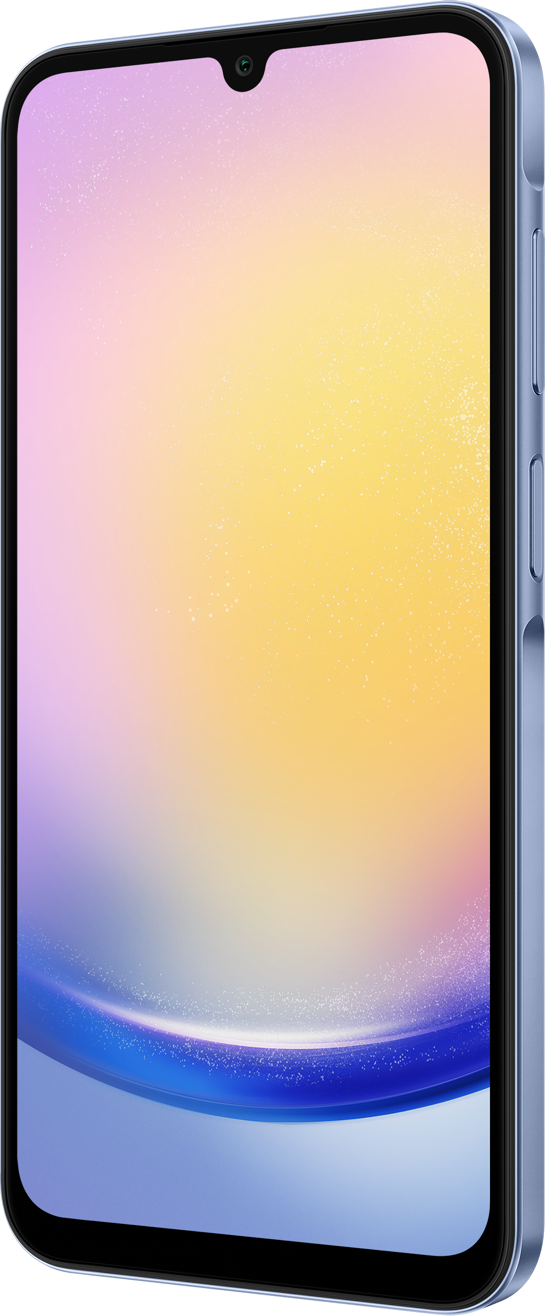 Blaues Smartphone, Seitenansicht. Kamera und Bildschirm sichtbar. Farbverlauf-Hintergrund.
