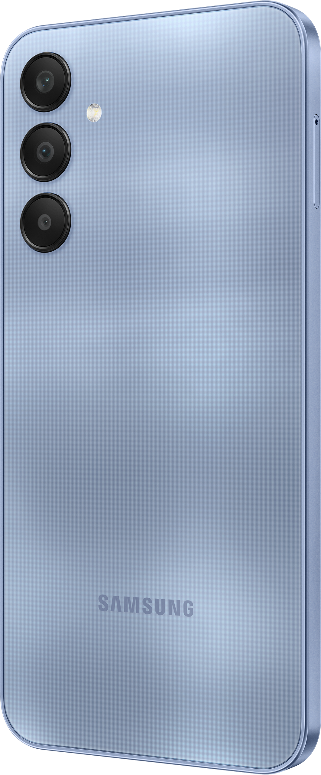 Ein hellblaues Samsung-Telefon mit drei Kameralinsen auf der Rückseite.