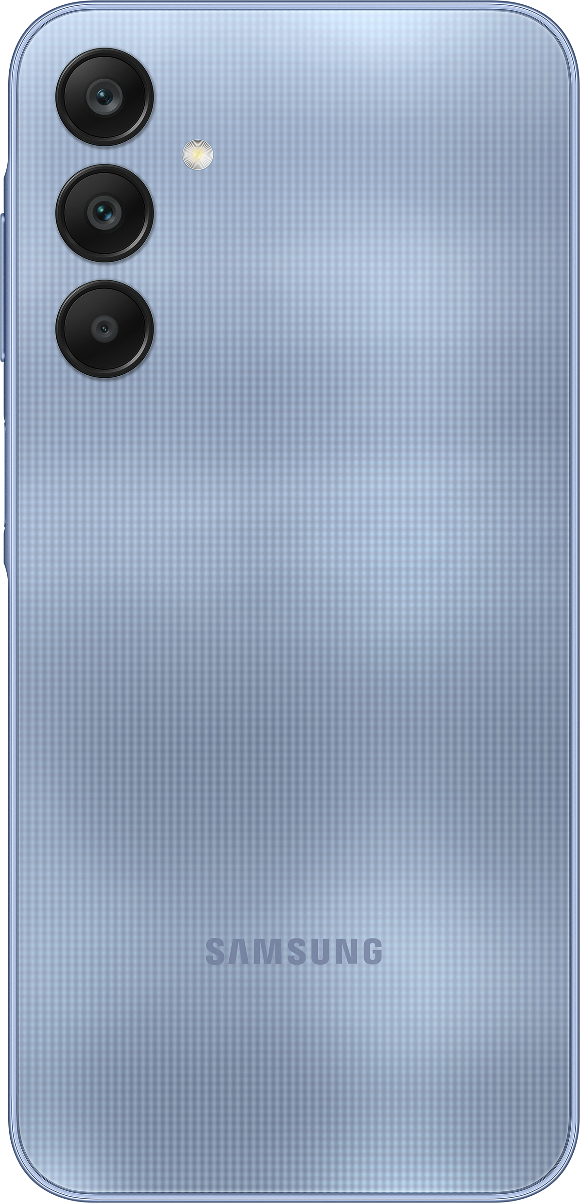Rückansicht eines blauen Samsung-Telefons mit drei Kameras.