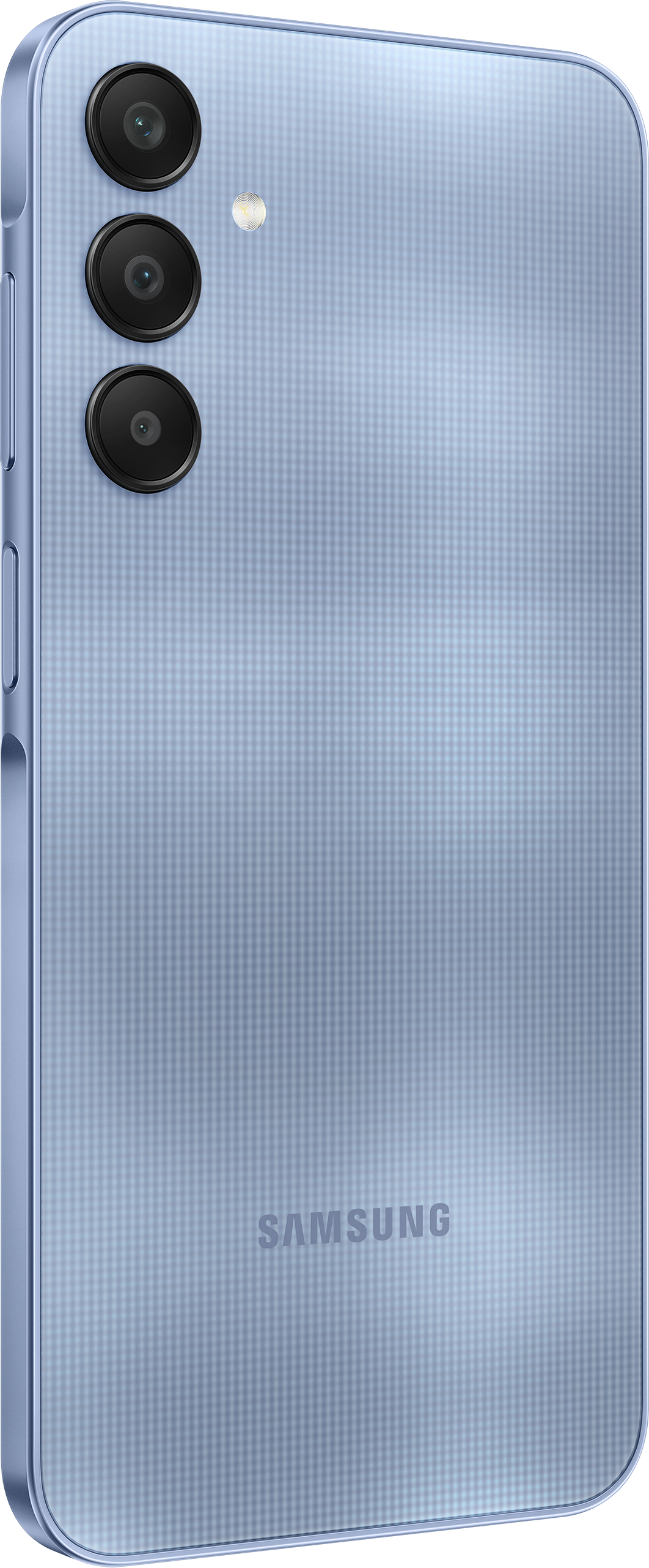 Hellblaues Samsung Telefon, Rückansicht, mit drei Kameras.