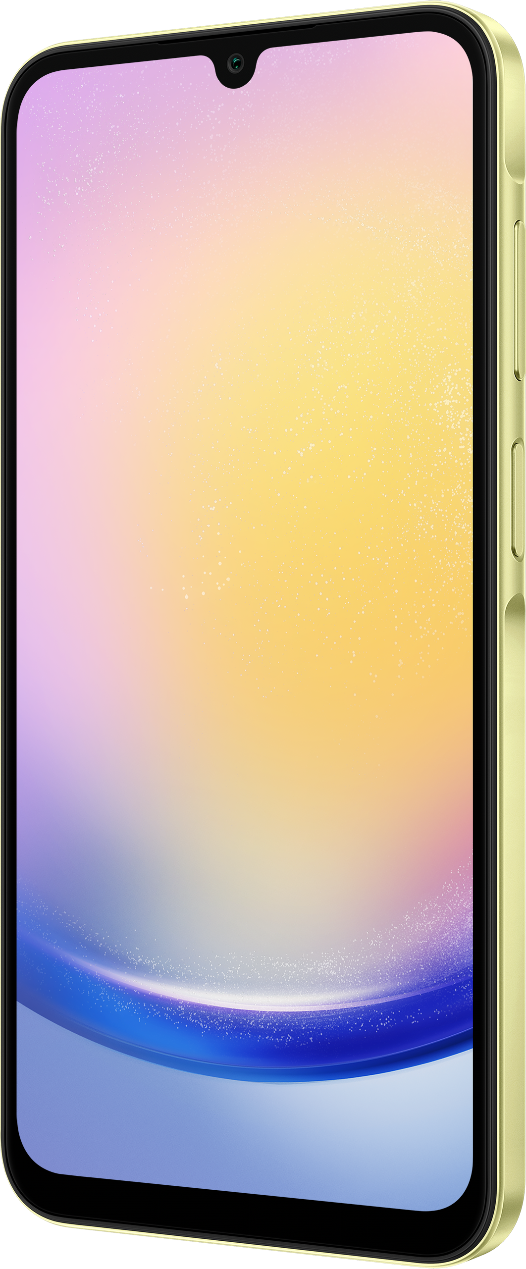 Smartphone jaune légèrement incliné. L'écran affiche un dégradé de rose, de jaune et de bleu.