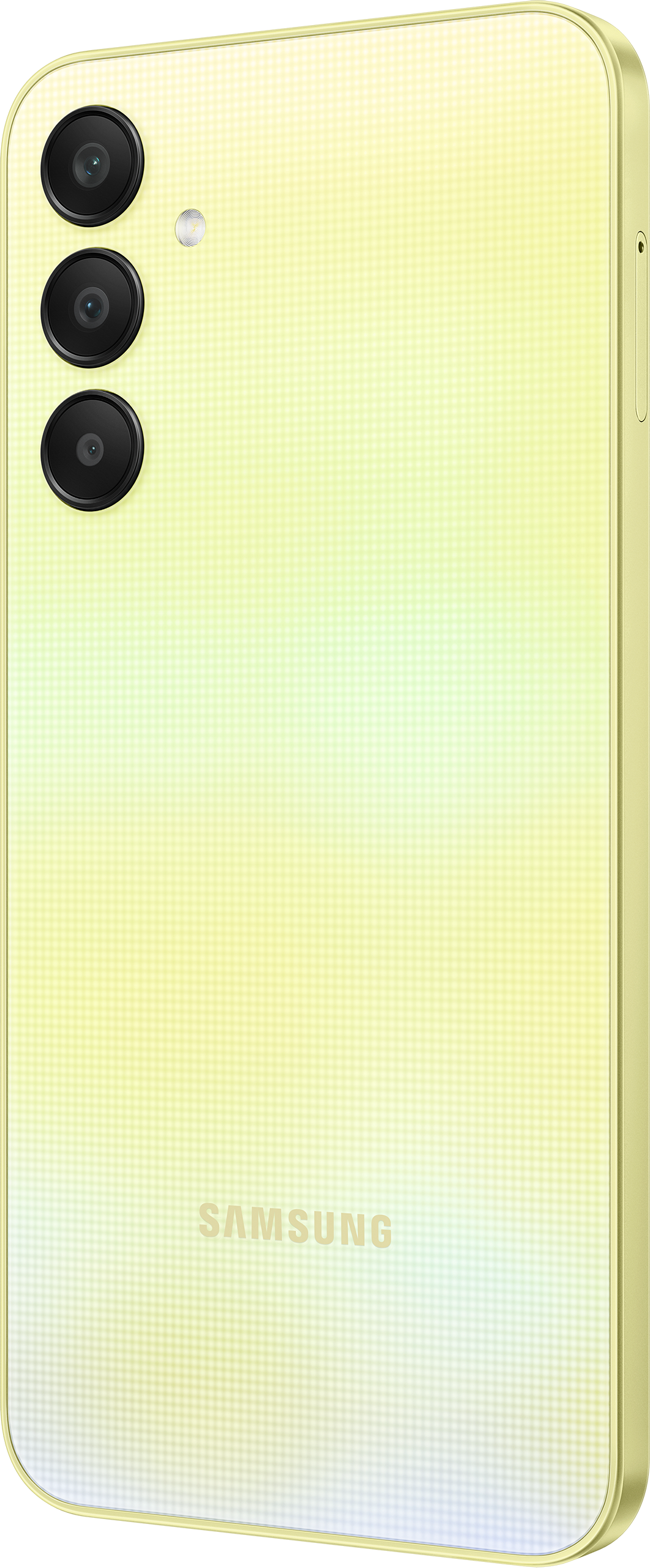 Un téléphone Samsung jaune avec trois caméras noires à l'arrière.