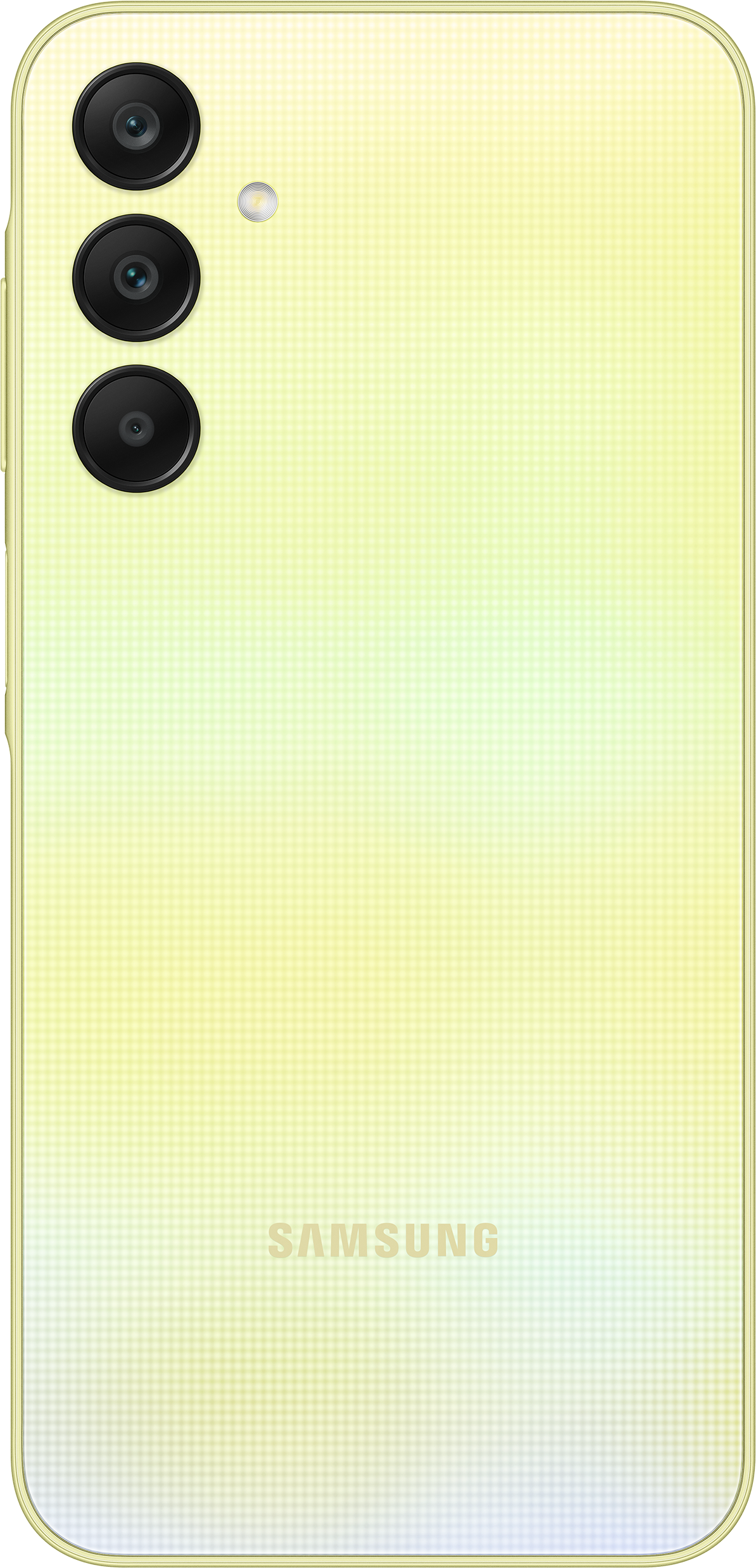 Vue arrière d'un téléphone Samsung jaune avec trois caméras et un flash. Le logo Samsung est en bas.