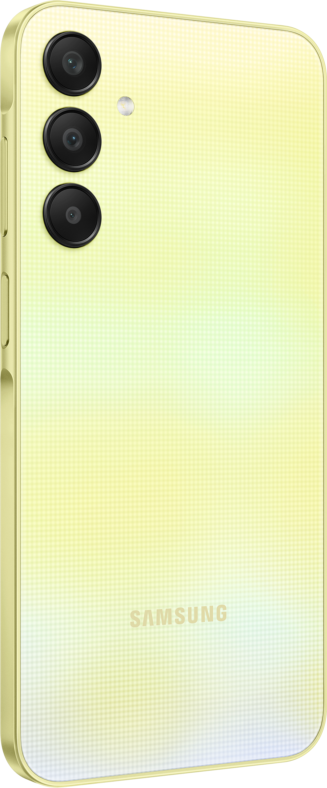 Téléphone jaune avec trois caméras, sur fond blanc. 'SAMSUNG' est imprimé sur le téléphone.