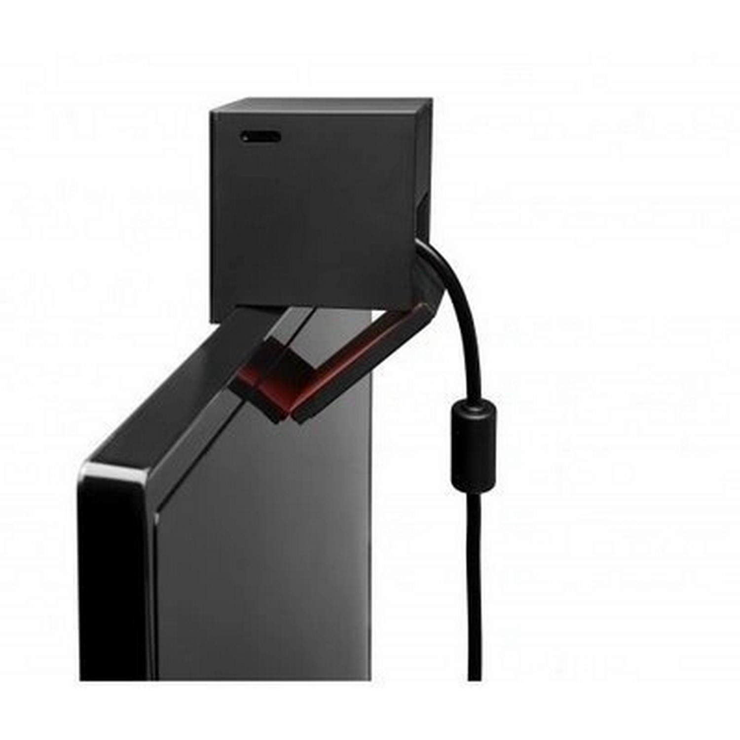 Un appareil noir fixé à un écran de télévision noir. Un câble noir part de l'appareil.