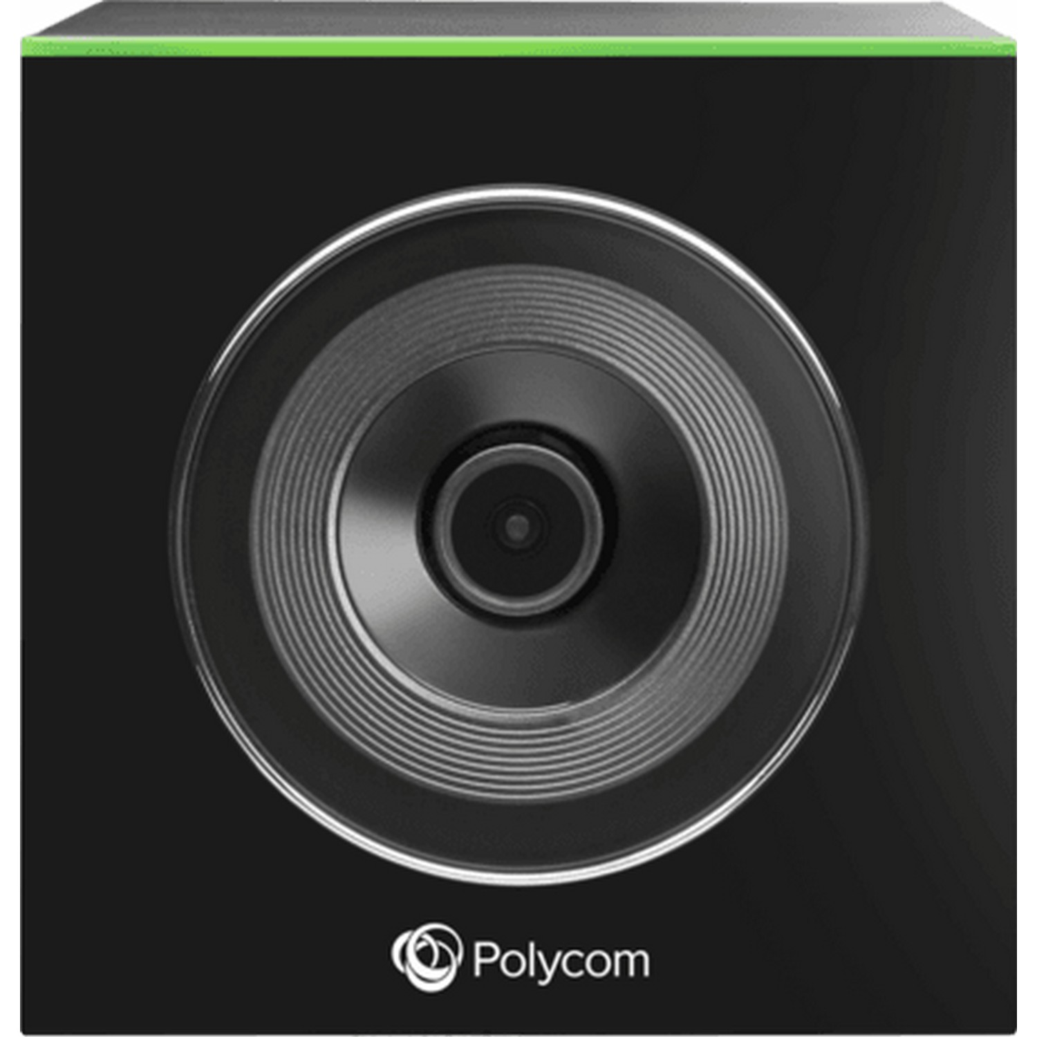 Un appareil carré noir avec un objectif et le logo Polycom. Le dessus a une bande verte. L'objectif est entouré d'un anneau argenté.