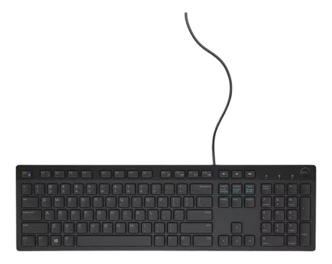 Schwarze Tastatur mit Kabel. Tasten schwarz mit weißer Beschriftung. Oberseite auch schwarz.