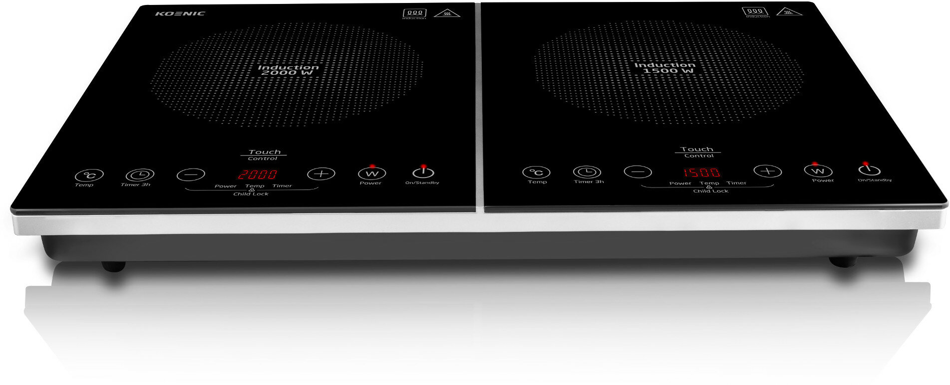 Czarna płyta indukcyjna z dwoma palnikami. Sterowanie: dotyk, zasilanie i temperatura.