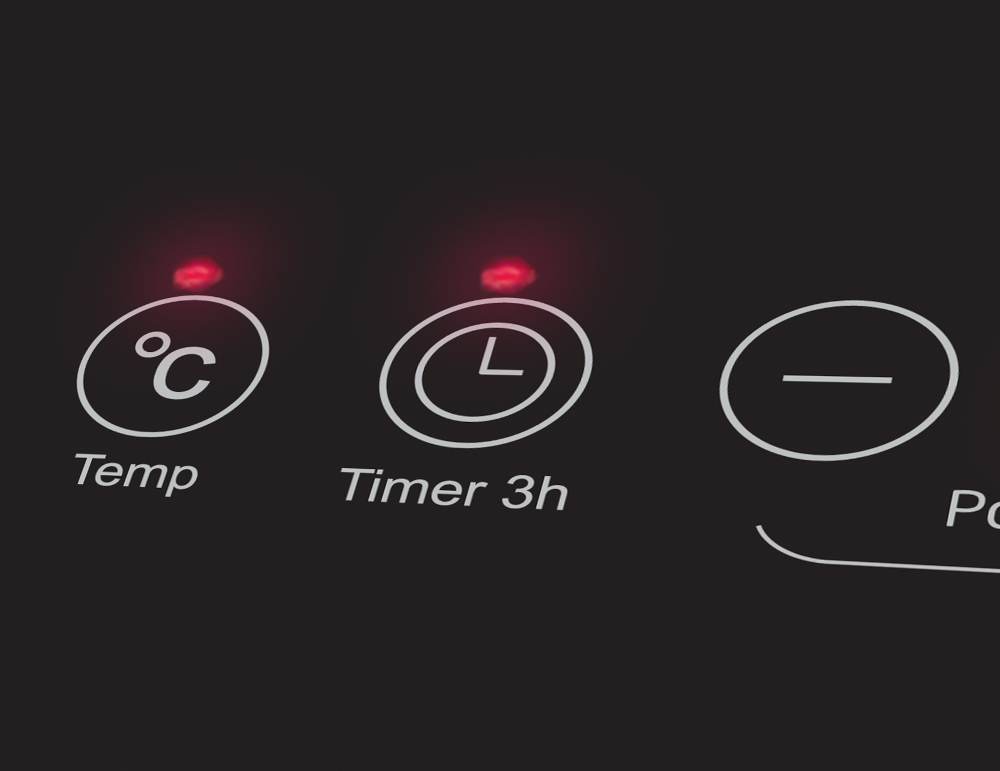 Zbliżenie czarnego urządzenia z trzema podświetlonymi symbolami: stopnie, timer i zasilanie.