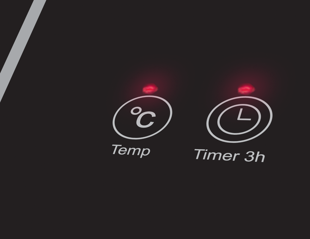 Czarny panel sterowania z etykietami 'Temp' i 'Timer 3h' oraz czerwonymi, podświetlanymi symbolami.