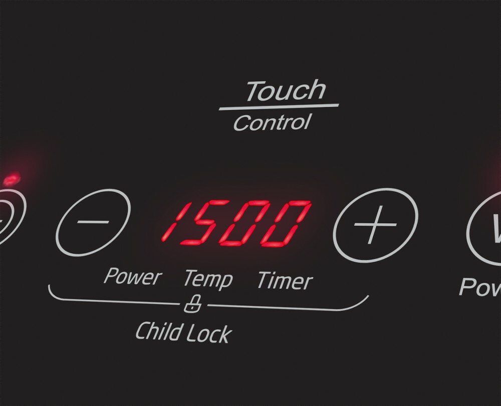 Czarny panel sterowania z czerwonym wyświetlaczem cyfrowym pokazującym "1500". Moc, Temp, Timer, Blokada rodzicielska.