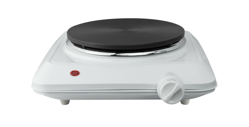 Biała kuchenka elektryczna z czarnym palnikiem. Czerwone światło z przodu i pokrętło po prawej.