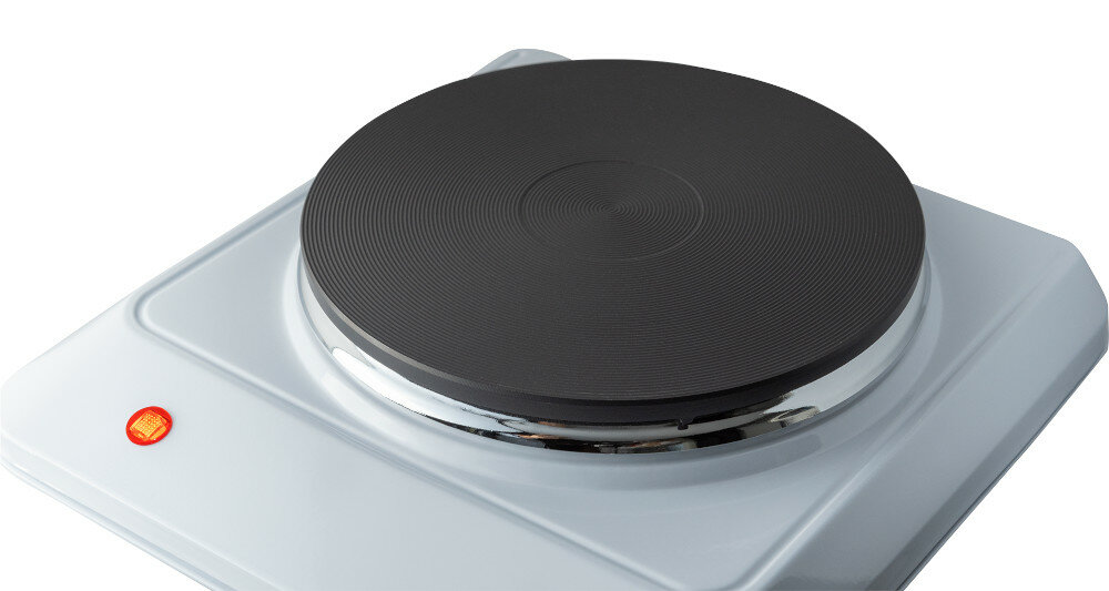 Biała płyta grzewcza z czarnym palnikiem i czerwoną lampką kontrolną.