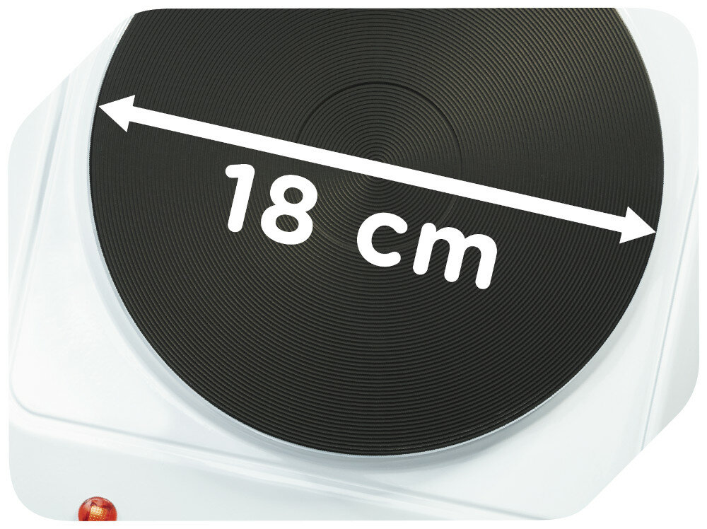 Zbliżenie białej płyty kuchennej z czarnym elementem grzewczym. Element ma 18 cm.