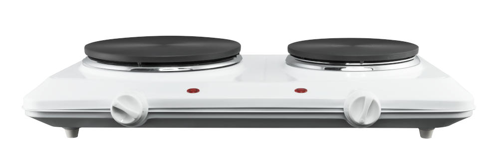 Biała podwójna płyta grzewcza z dwoma czarnymi elementami grzewczymi i pokrętłami sterowania.