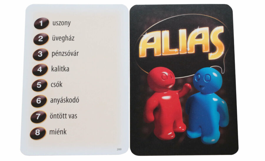 Játékkártya számozott szavakkal és egy piros-kék figurával.