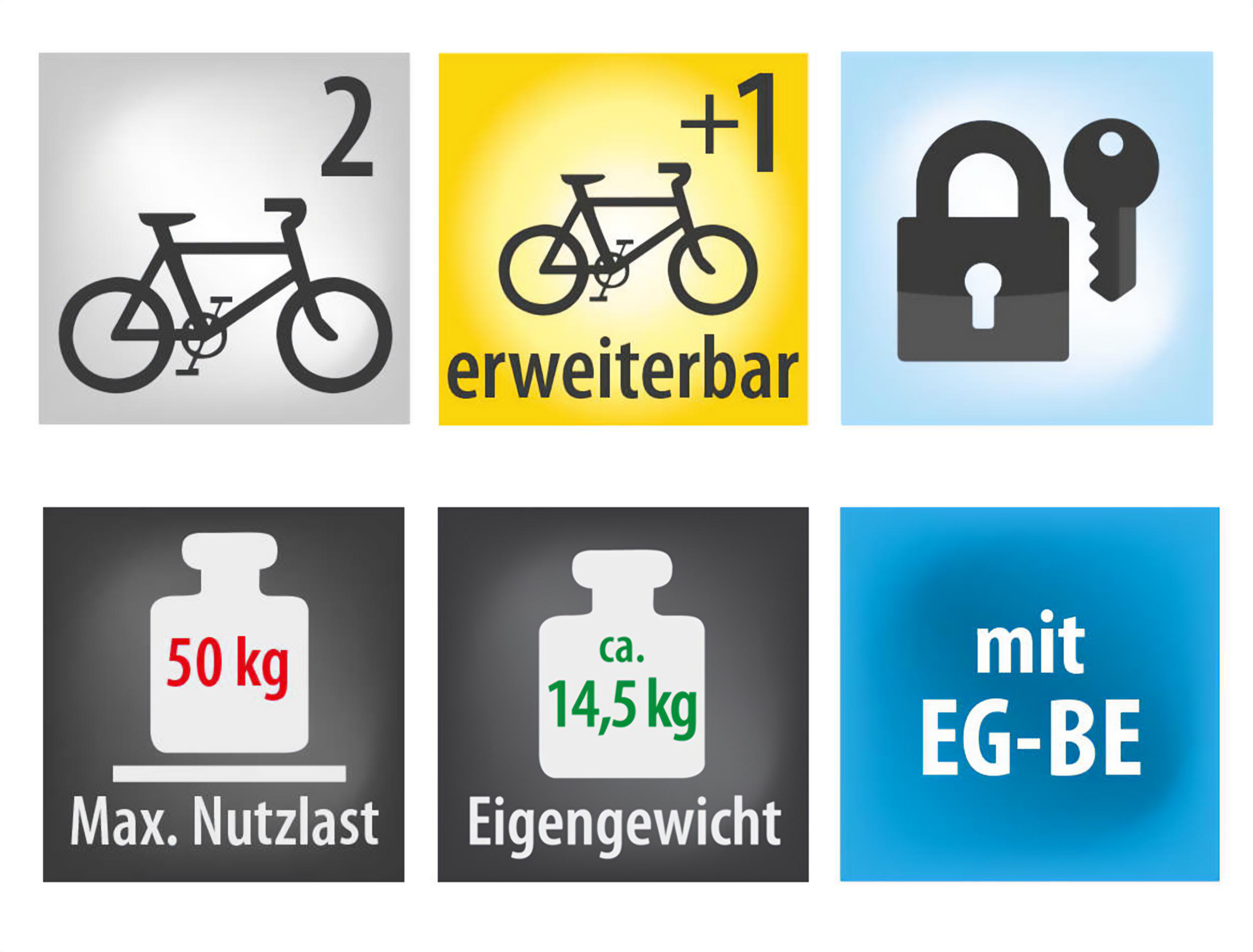 Fahrradsymbole und Gewichts-/Kapazitäts-Icons, mit Schloss- und Schlüssel-Icon.