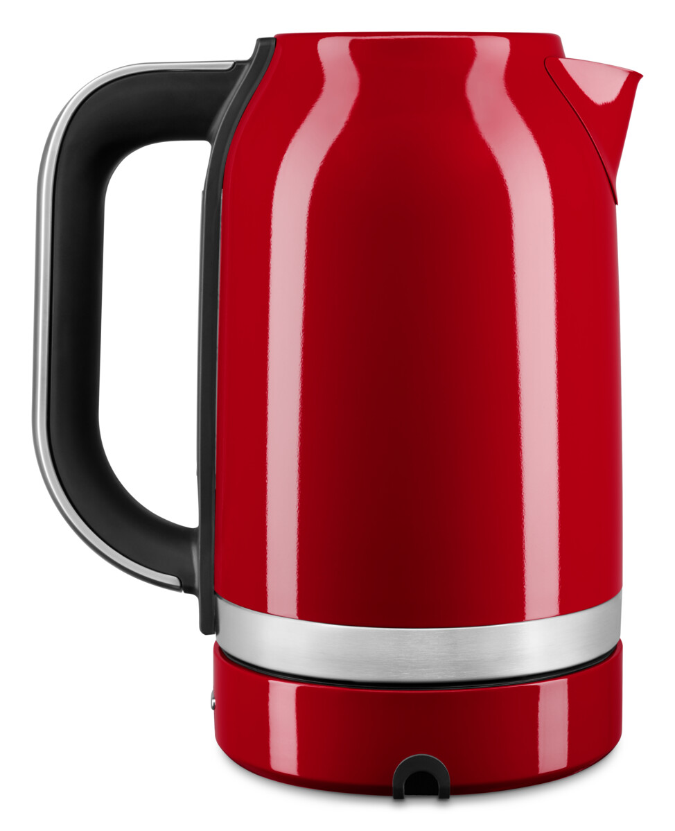 Roter KitchenAid Wasserkocher mit schwarzem Griff und silberner Zierleiste.